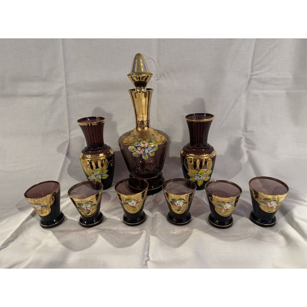 Antique Bohemian Czech Amethyst Gold Gild Glass Decanter Set with 6 Shot Glasses